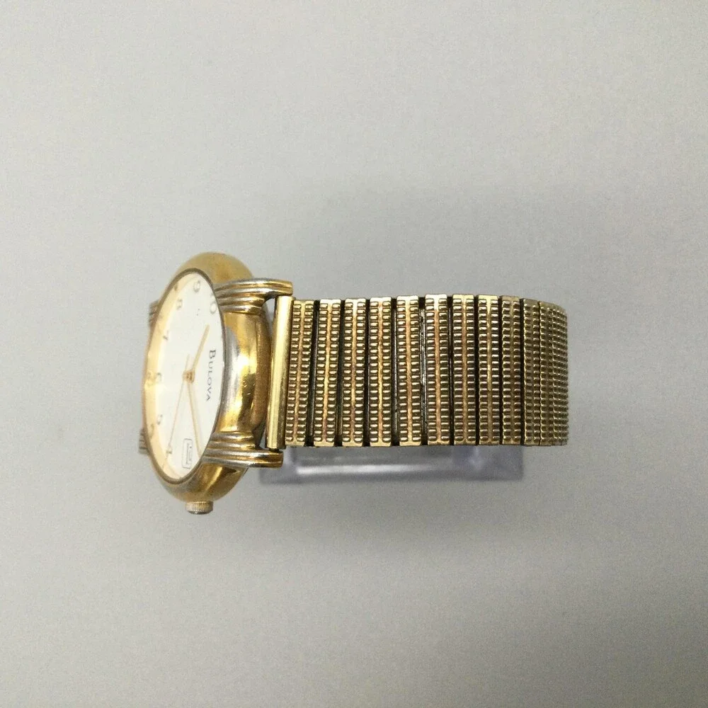 Bulova Mens Watch 33mm White Dial Gold Tone Art Deco Style Date New Battery